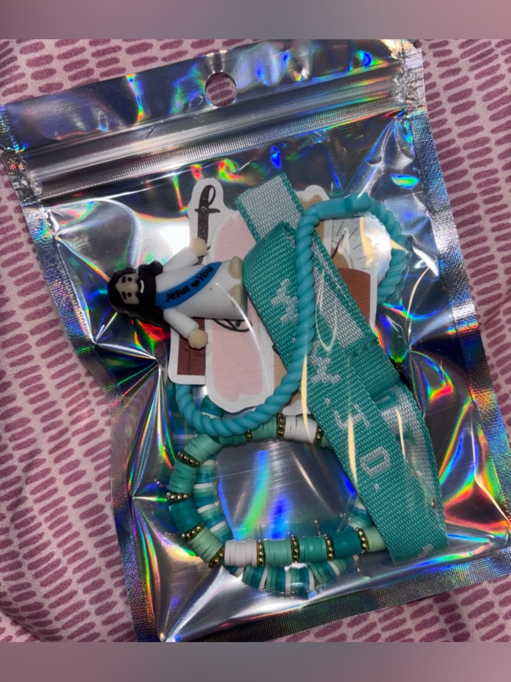 4 piece bracelet set, 1 tiny Jesus, 2 stickers-teal and blue